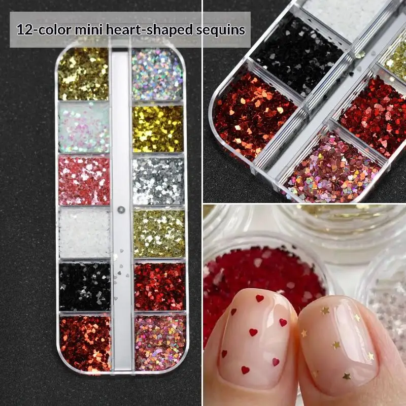 12 Grids Mini Mixed Star Heart Nail Art Glitter Sequins Sparkling Nail Sequins 3D Glitter Holographic Laser Nail Art Charms DIY
