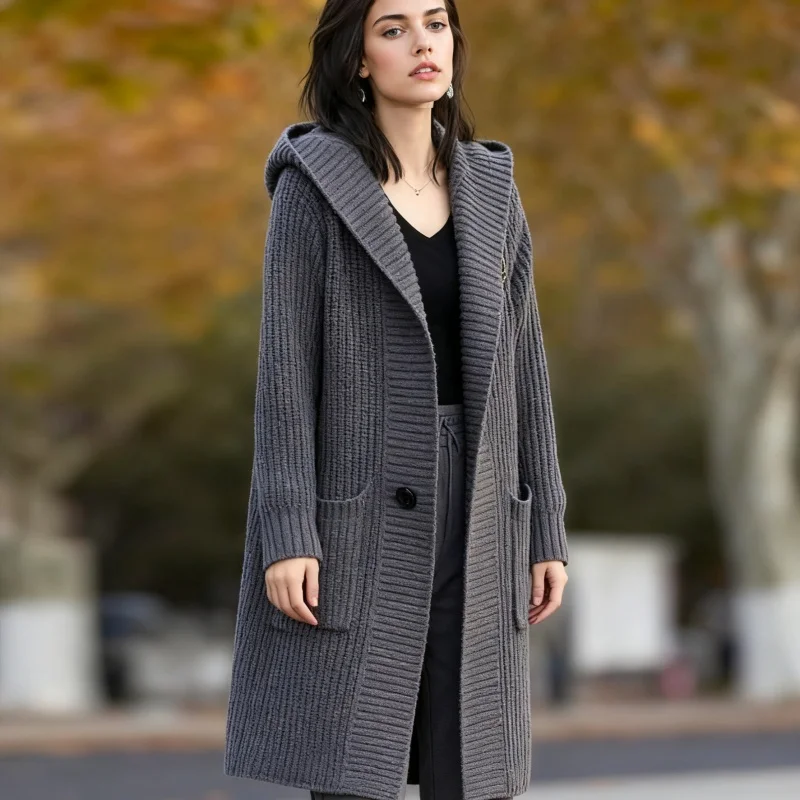 

Осенний элегантный однотонный кардиган средней длины, новый корейский однобортный свитер с капюшоном, повседневная свободная женская трикотажная одежда