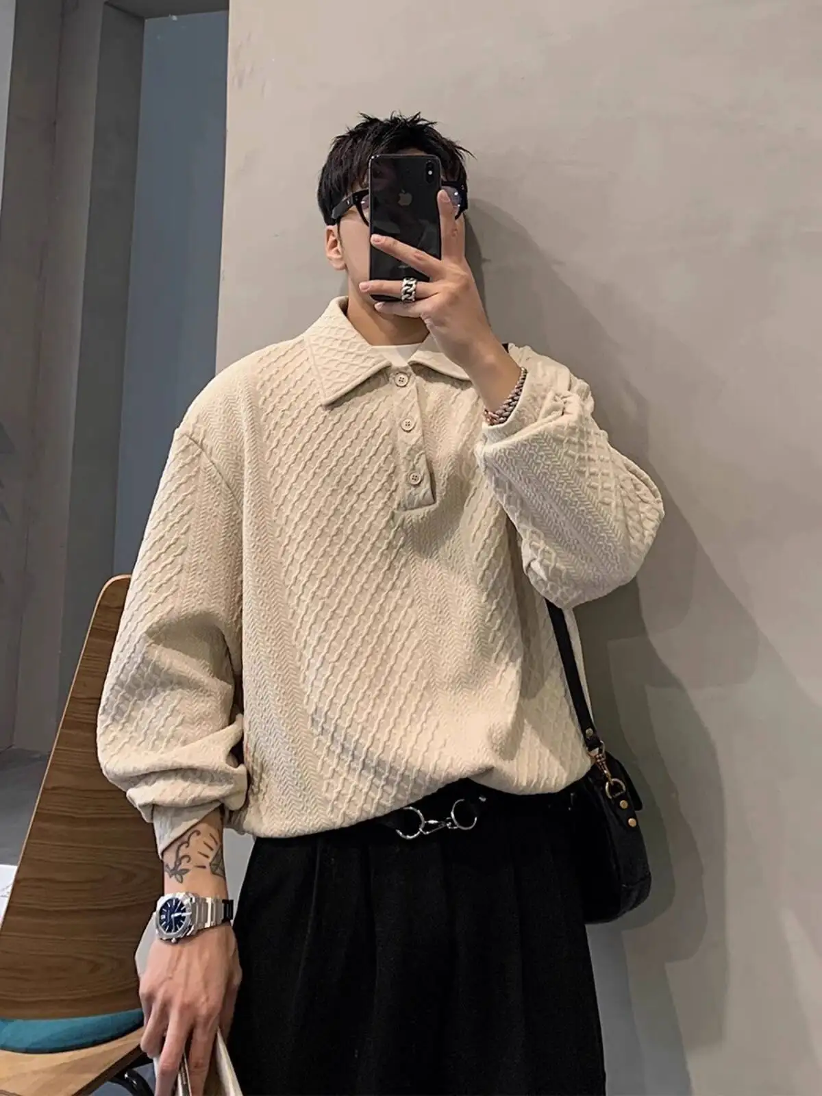

2025 Autumn Men's Shirts Retro Waffle Knit Collared Vibe Long Sleeve Loose Casual Cool Style Long Sleeve T Shirt