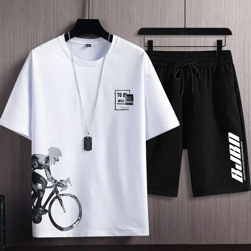 1 Set Men Casual Outfit Anti-fade Daily Wear Comfortable Wearing Hot Weather Outdoor Tee Shirt Breeches Casual Sportswear