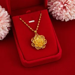 Pure Gold Hollowed Flower Necklace Pendant for Women Romantic Jewelry Real Solid Gold Color Suspension Chain Female Party Gift