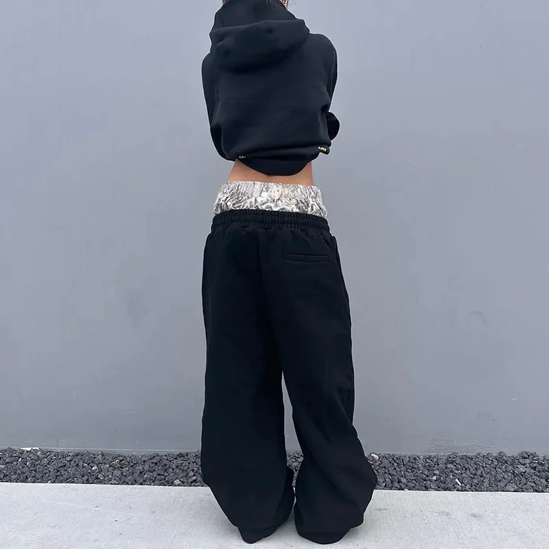 Y2K Sweatpants Double Waist Design Embroidered Camouflage Pattern Hip-hop Wide Leg Pants Casual Streetwear Elastic Waist Pants