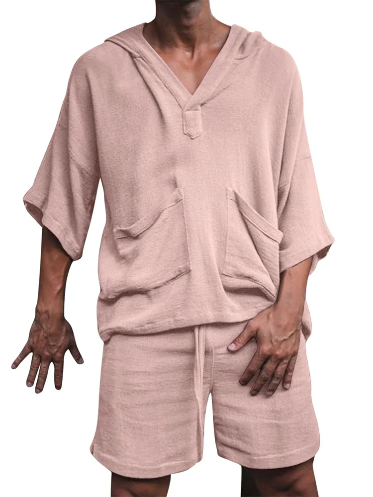 2026 Sommer Herren Einfarbiges Baumwoll-Leinen Zweiteiler-Set V-Ausschnitt Halbarm T-Shirt Lockere Shorts Atmungsaktiv Urlaub Alltag Lässig Passend – Detail 5