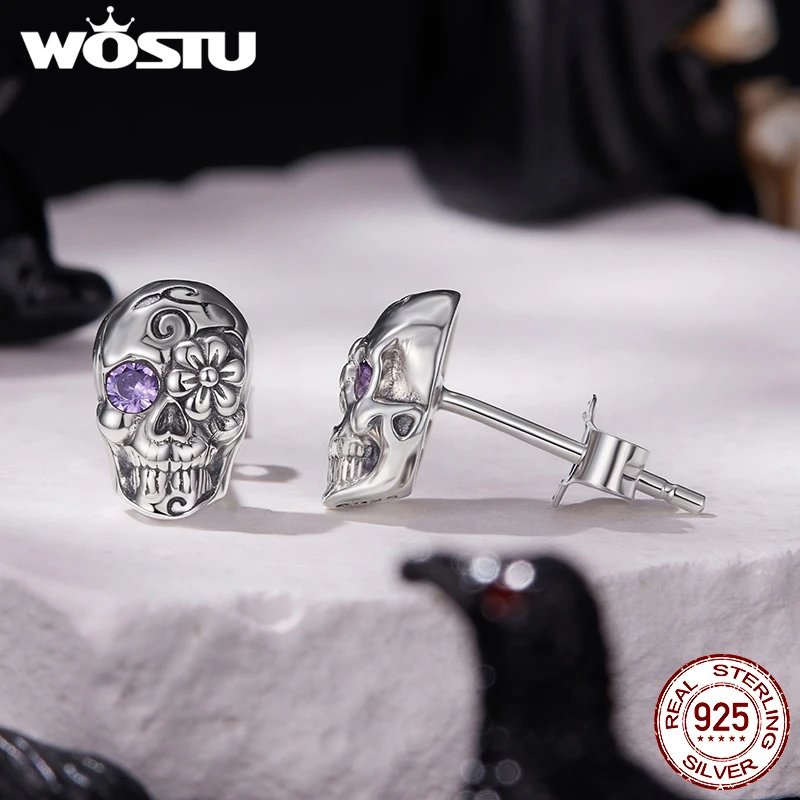 WOSTU 925 Sterling Silver Ghost Stud Earrings Skull/Spider/Crow /Hand Dark for Women Girl Halloween Party Fine Jewelry Gift view 5