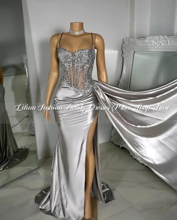 Vestido de fiesta de sirena con Diamante plateado brillante, vestidos de fiesta personalizados con cuentas de cristal de lujo para fiesta de cumpleaños para niñas negras