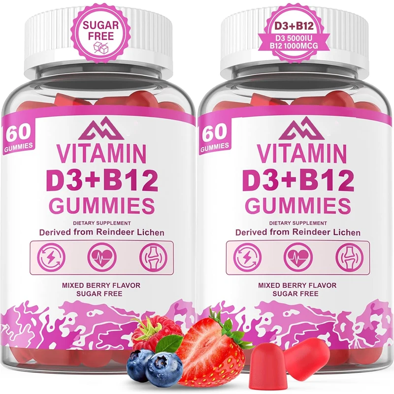 

Pure vegetarian vitamin D3+vitamin B12 vegetarian 60 gummies, high absorption to support bone health and immunity