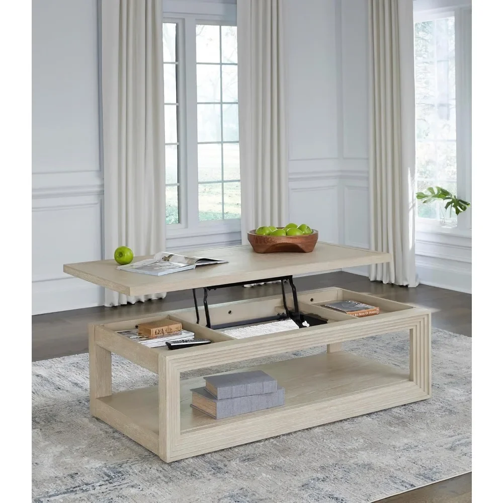 Modern Lift-Top Coffee Table with Casters, ThickTop and Lower Shelf, Beige side table