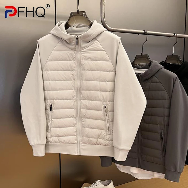 PFHQ Winter männer Weiße Ente Unten Jacken Mit Kapuze Zipper Patchwork Verdickt Einfarbig Lose Männliche Mäntel Neue Stilvolle 21Z7661