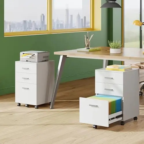 3 Drawer Wood Mobile File Cabinet, Rolling Filing Cabinet for Letter/A4 Size, White