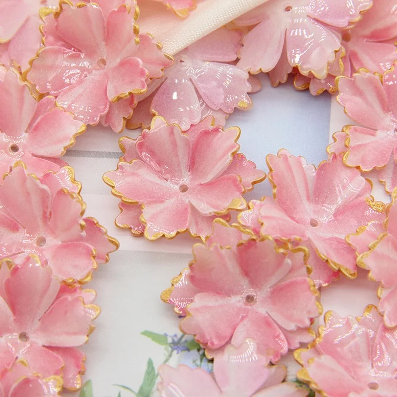 Free shipping 50pcs/lot pink color print cartoon flowers shape acrylic handmade floral beads diy jewelry garment accessory