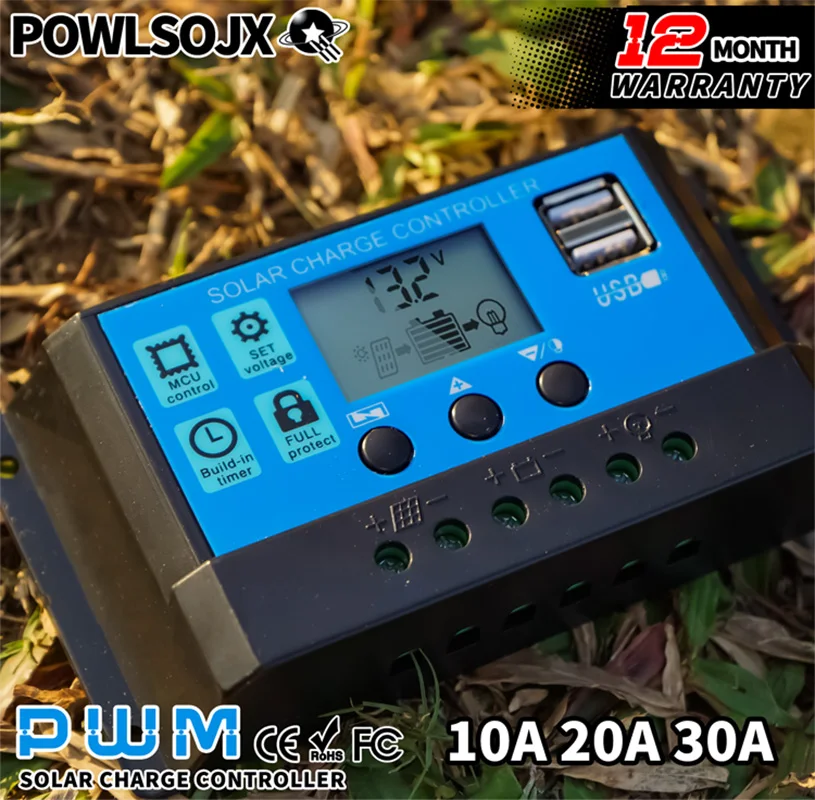 POWLSOJX Solar Charge Controller 12V 24V PWM 10A 20A 30A with Adjustable LCD Display Dual USB Port Timer Setting Auto Parameter