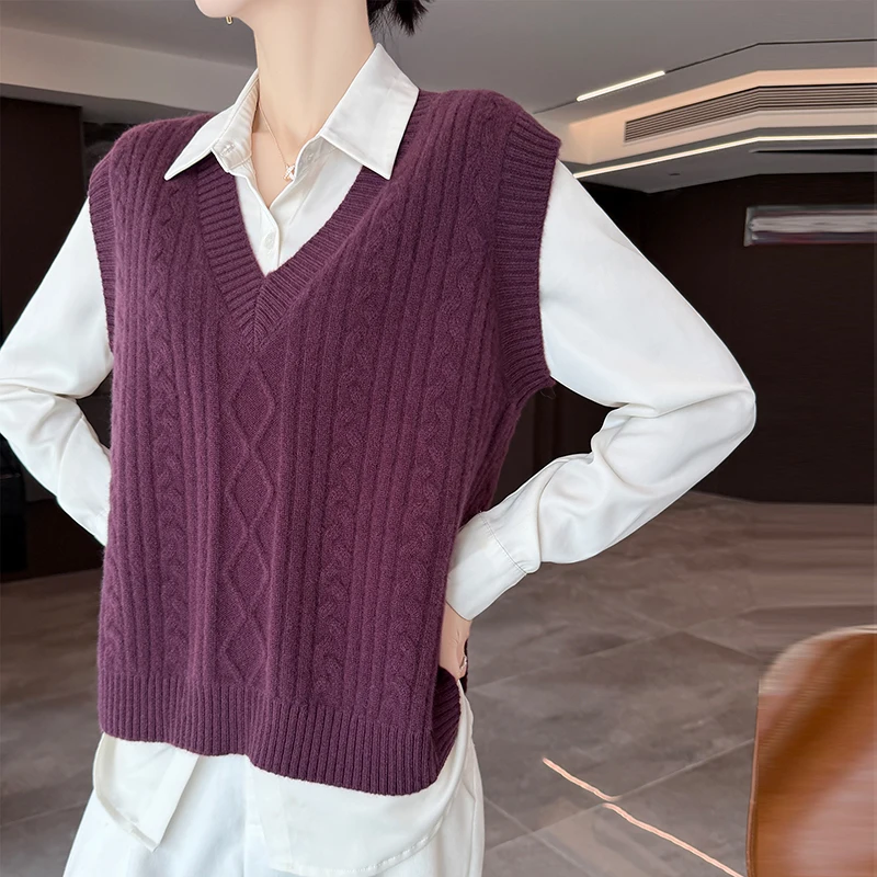 Women 100% Wool V-neck Knitted Vest Sleeveless Pullover Autumn Winter Female Solid Tanks Sweater Knit Waistcoat Girl Clothes