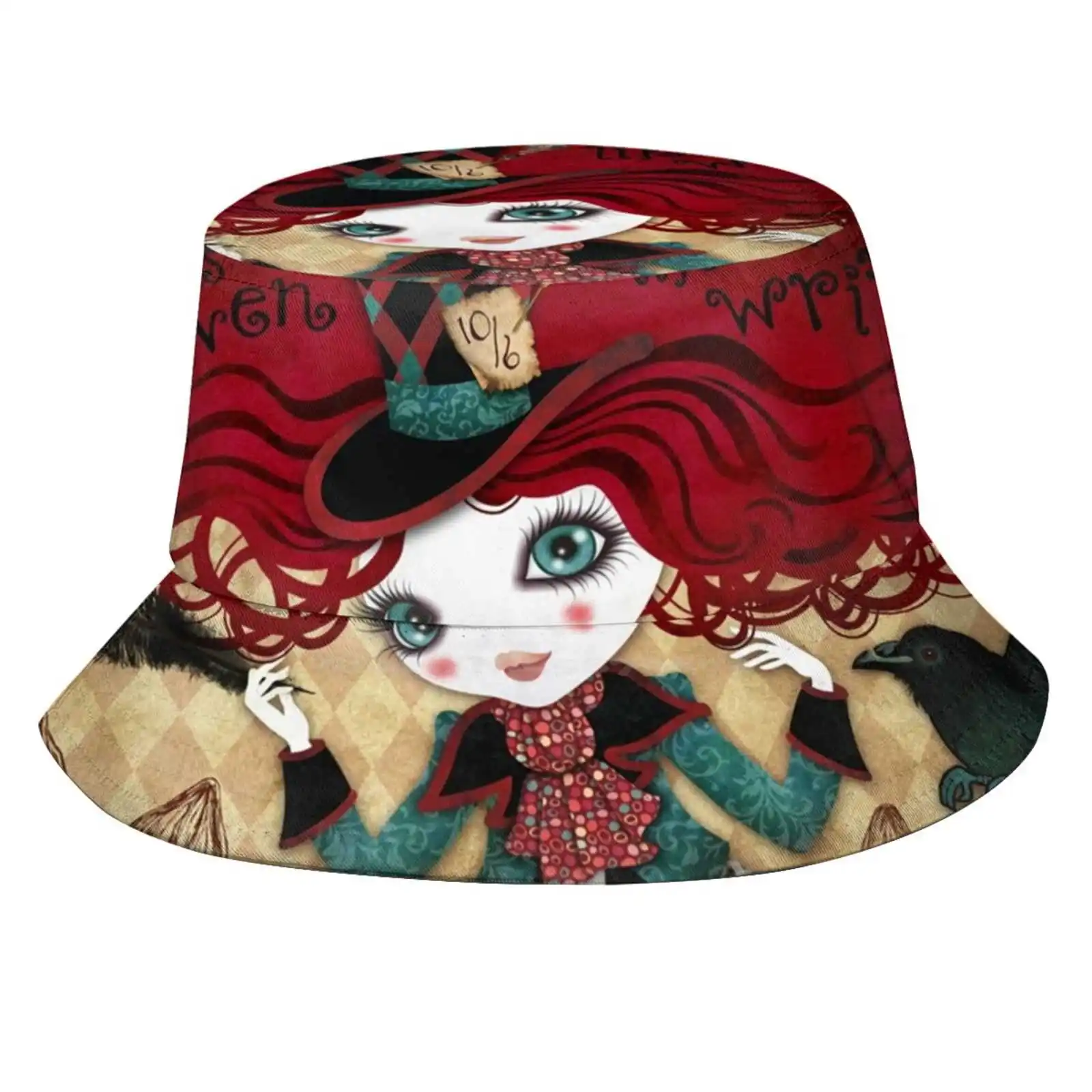 Mad Riddle Sun Cap Fisherman Hat Bucket Hats Alice Raven Crow Victorian Riddle Vintage Mushrooms Story Book Fairy Tale Fantasy