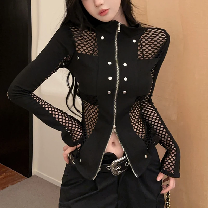 

2025 Autumn Long Sleeve Knitted Shirt Patchwork Zipper Cardigan Tops Slim Hollow Out Women T Shirt