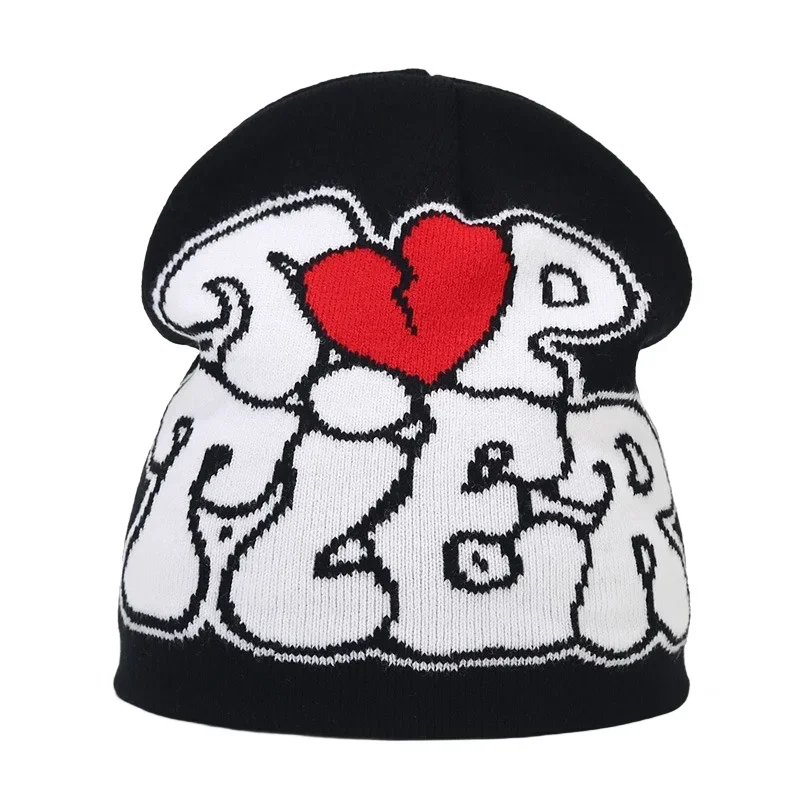 Autumn Winter Warm Beanies New Heart Letter Pullover Hats Men's and Women's Knitted Wool Gorras Y2K Outdoor Riding Windproof Hat