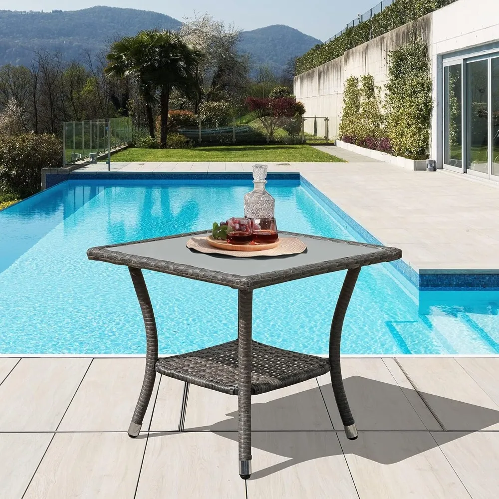 

Outdoor Wicker End Table, Patio Rattan Side Table, Square Glass Top Coffee Table with Storage, Aluminum Frame