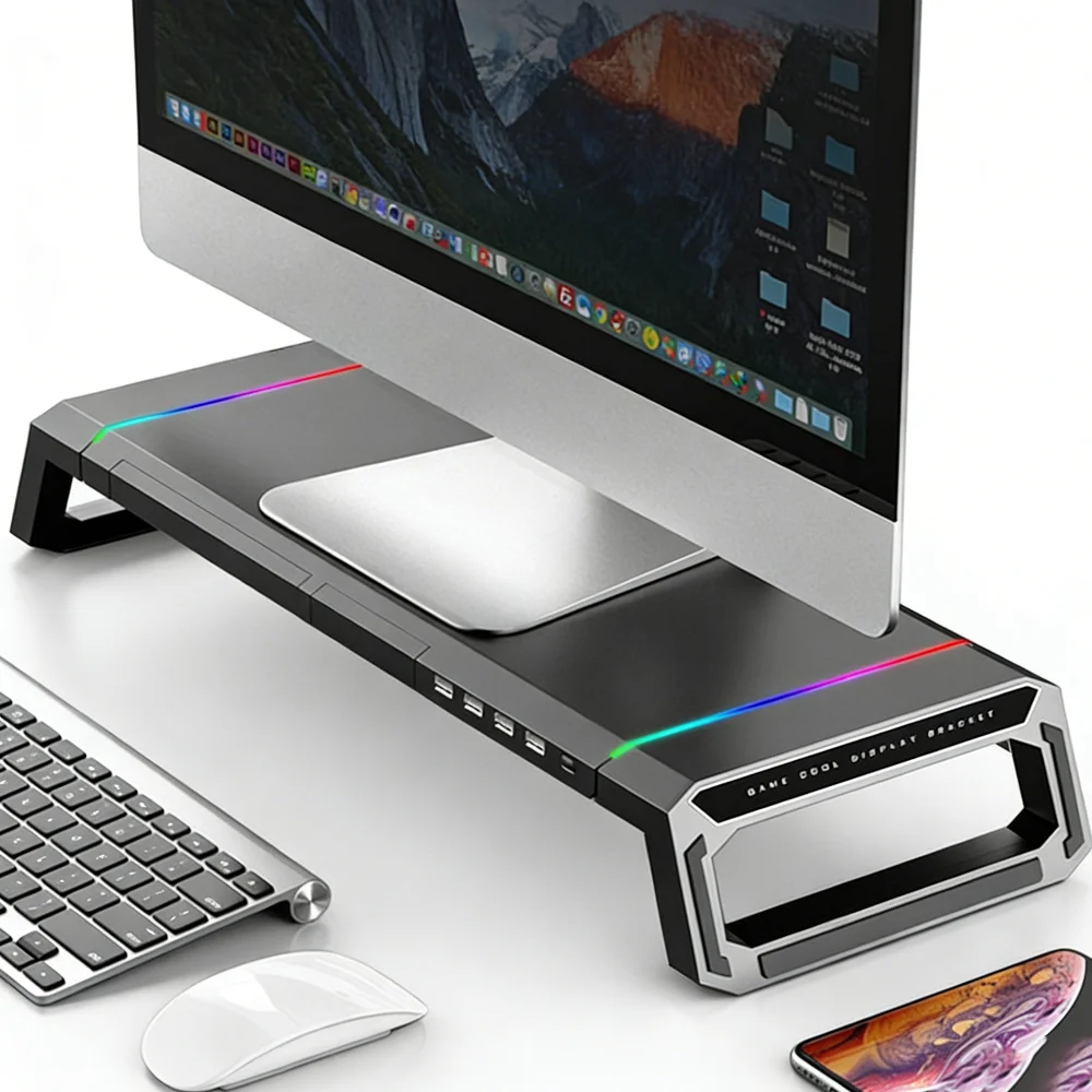Support d'écran PC avec ports USB 3.0 pour transfert de données et chargement, support de bureau réglable en hauteur, support de clavier pour ordinateur portable, étagère de rangement
