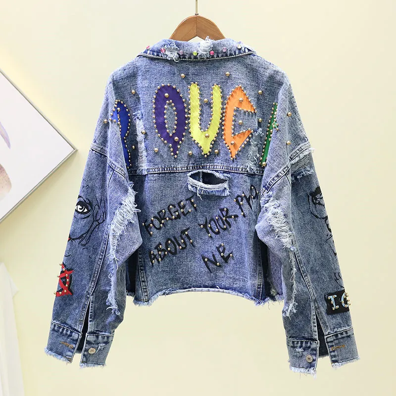 

New Women's Denim Jacket Coat Nice Autumn Jean Jackets Overcoat Female Jacket Graffiti Rivet Basic Coat Girl Outerwear Blue