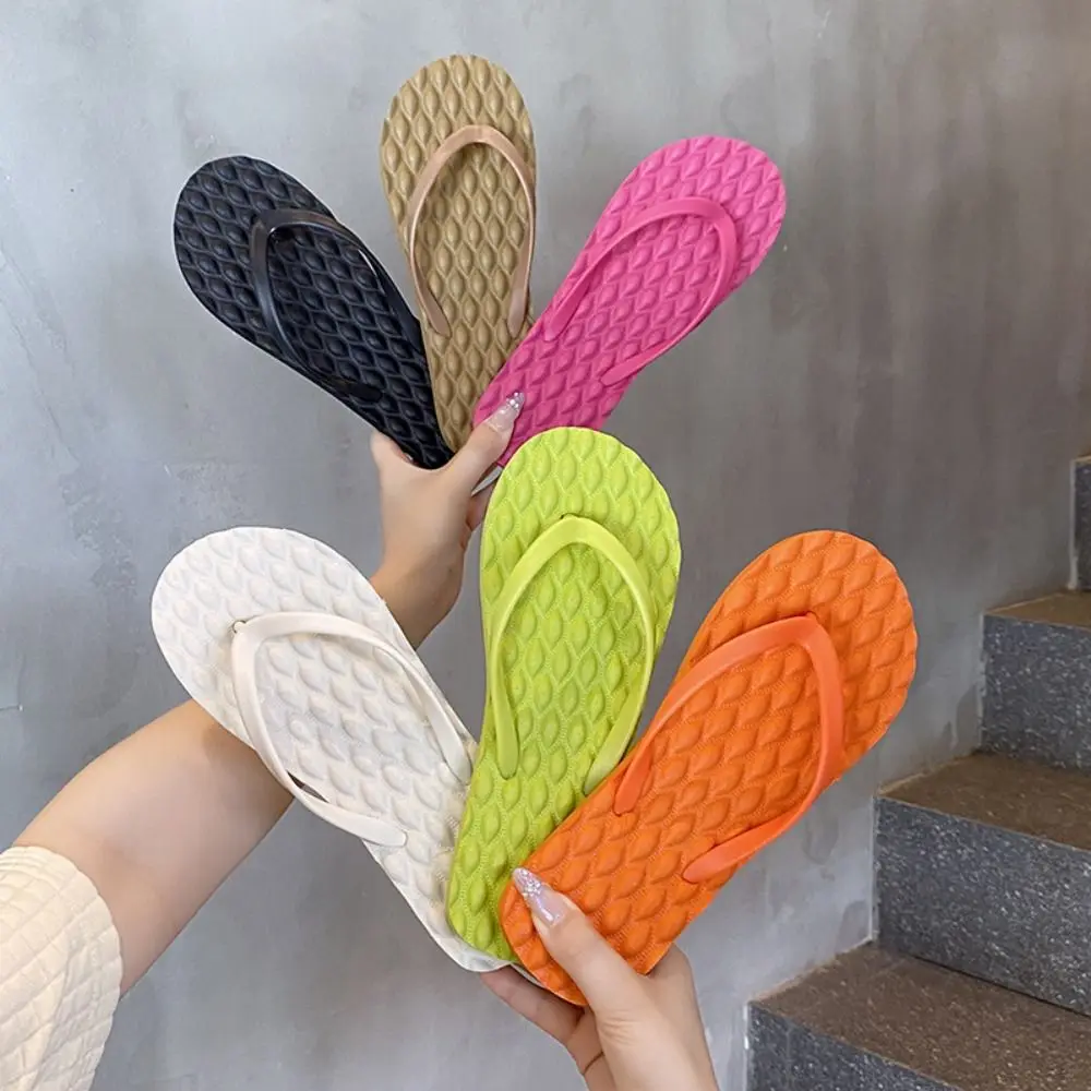 Basic Solid Color Flat Soled Slippers Massage Lingge Platform Flip Flops Summer Clip Toe Outerwear Shoes Men