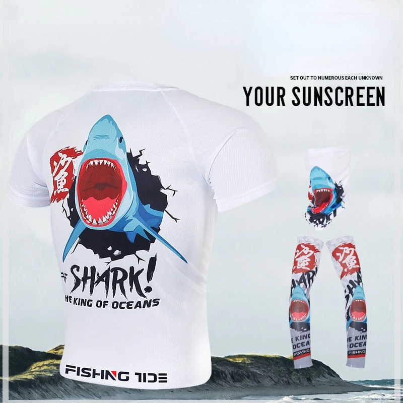 Summer Fishing Clothing Set, Short Sleeve T-Shirt, Quick Drying, Breathable Anti-UV Arm Sleeve, Headband Sea Fishing Set