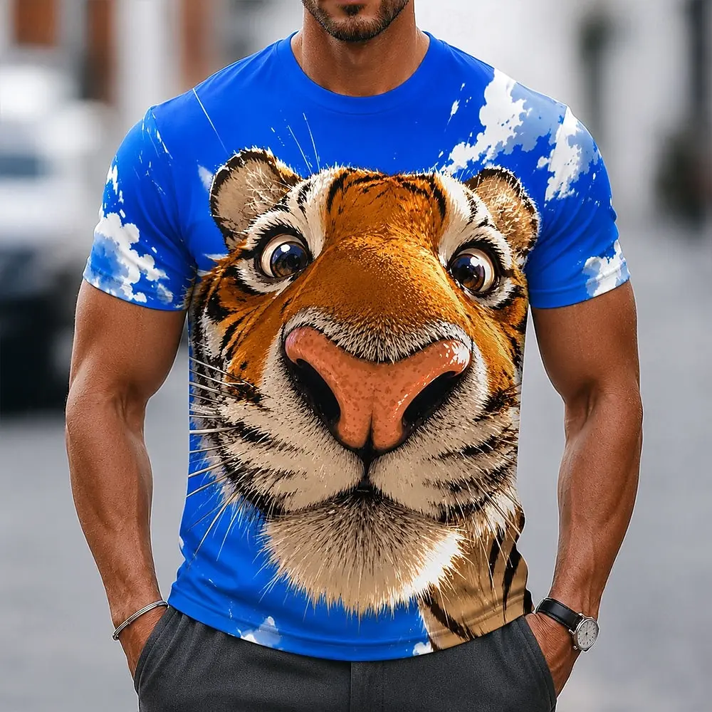 New Men's 3D Fierce Roaring Tiger Open Mouth Sharp Teeth Wildlife Print T-Shirt Casual Short Sleeve t shirts Top Summer Clothing