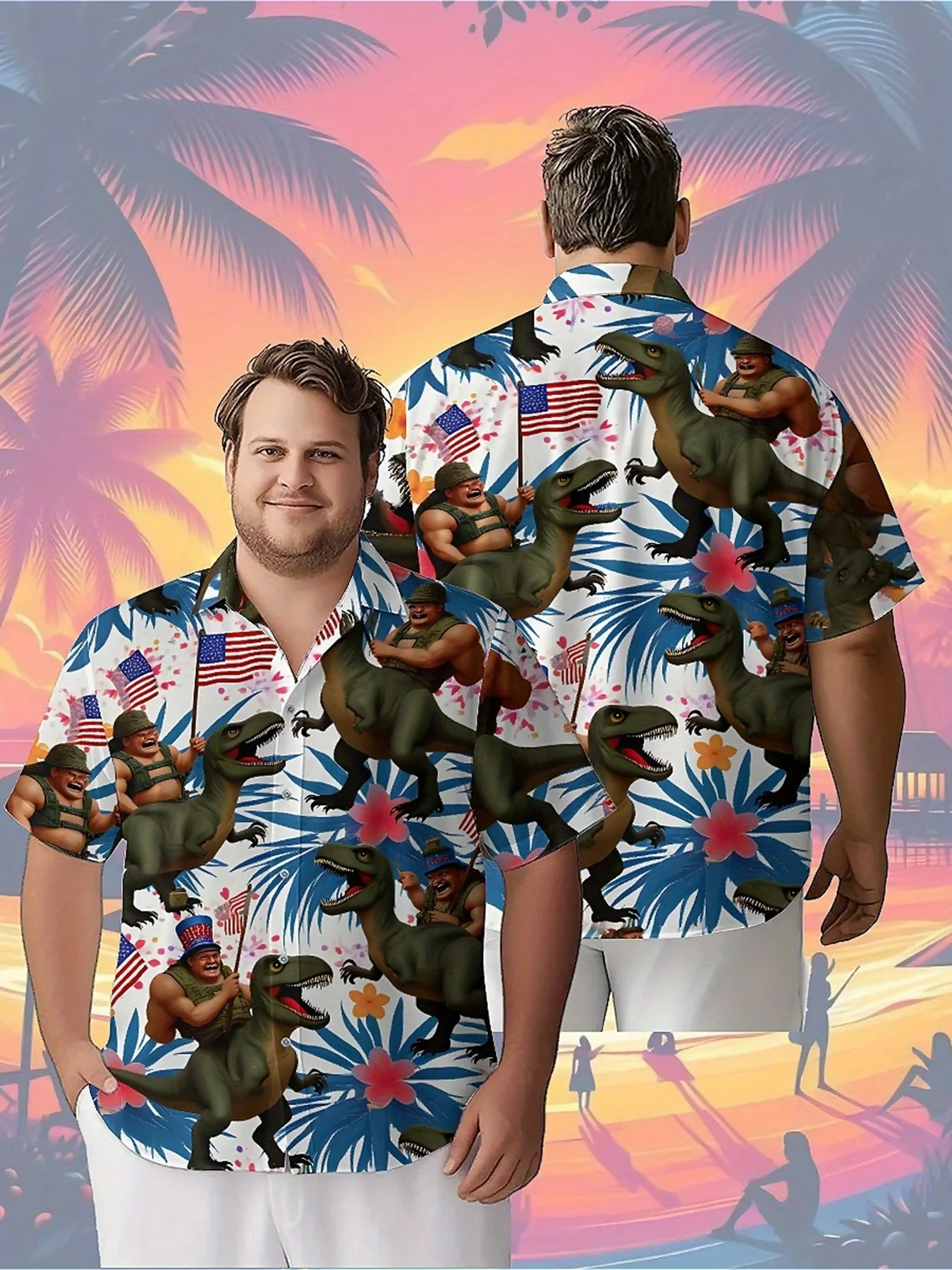 Men's Plus Size Hawaiian Shirts US Independence Day Dinosaur Carnival pattern, Button Shirts, Unisex Casual Clothes, Summer Top