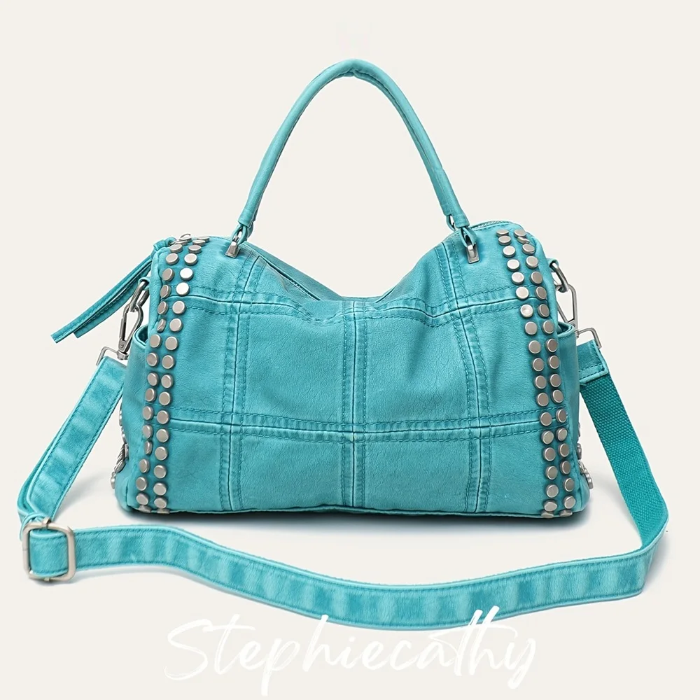 Blue Satchel Bag For Ladies Rivet Design Multi Pocket Large Tote Purse With Removable Crossbody Strap Y2K Streetwear Handbag
