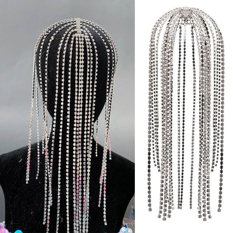 Silver Diamond Tassels Chain Headwear Wigs Gogo Dance Costumes Women Head Ornament Festival Outfit Stage Accessories XS6855