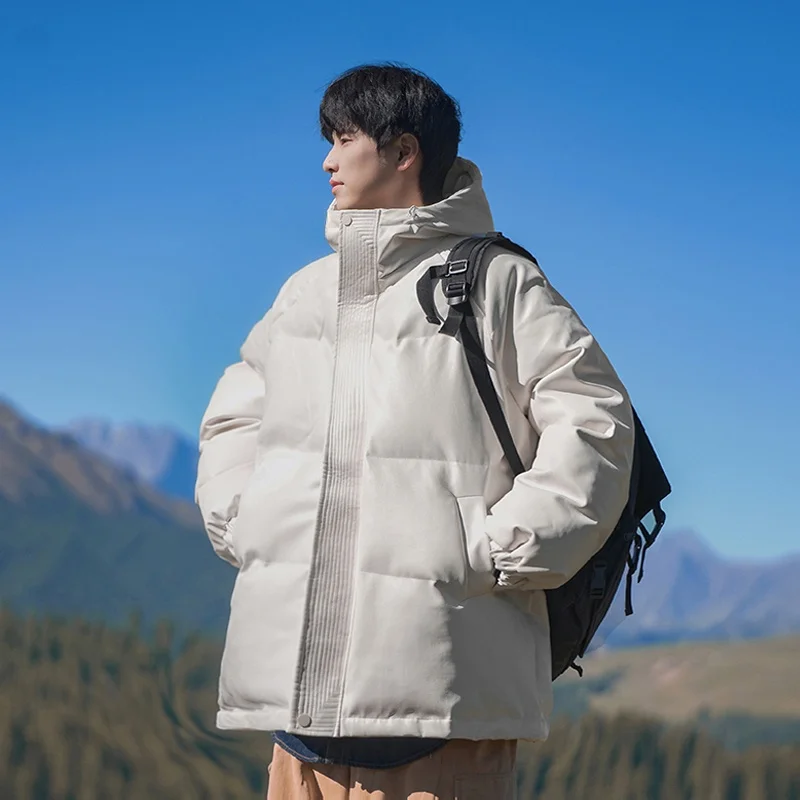 

Men's Winter Thiened PU Leather Cotton Jaet American Sle Outdoor Cold Resistance Youth Faionable Hooded Coat