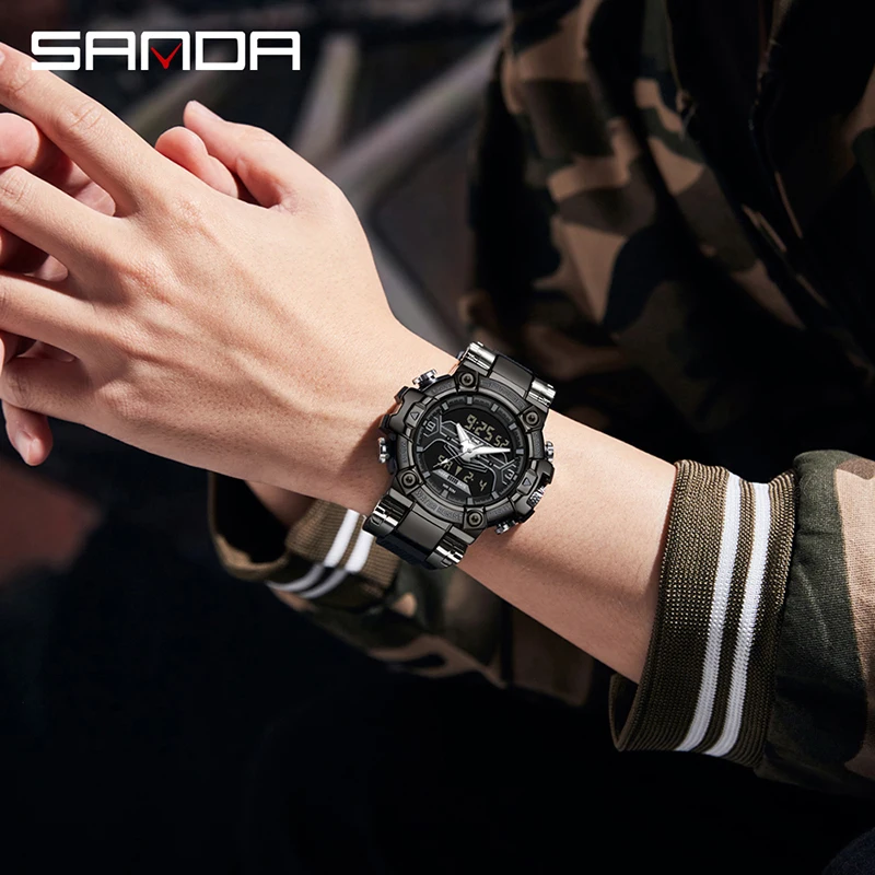 SANDA Top Luxury Sports Watches Mens High Quality Waterproof LED Digital Wristwatches Dual Display Male Big Quartz Clock