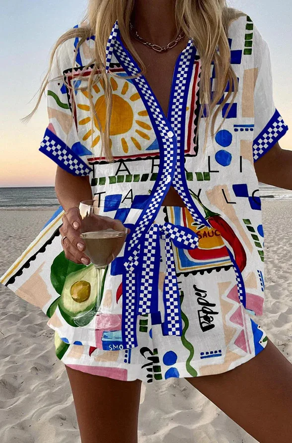Summer New Print Beach Holiday Set For Women Fashion Short Sleeve Buttoned Shirt Wide Legs Shorts Oversized Two Piece Set