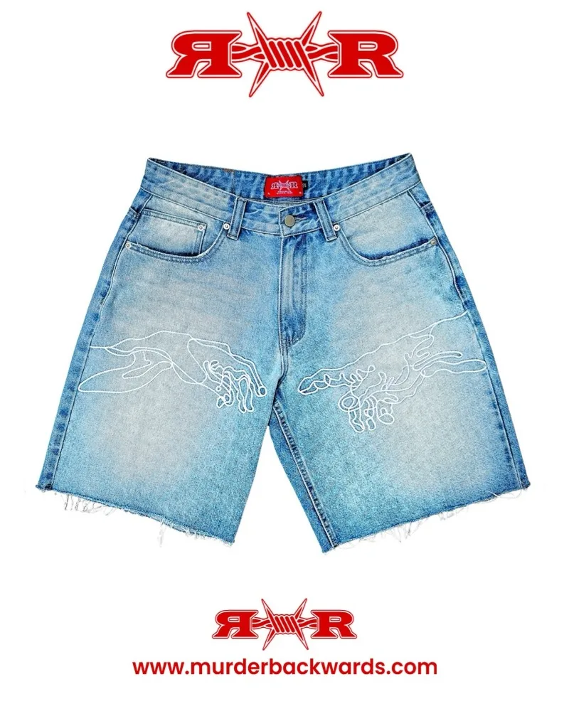 Shorts jeans estampados com zíper masculino, jeans casal casual solto, estilo Harajuku, moda de rua alta, jeans rock Y2k, gótico