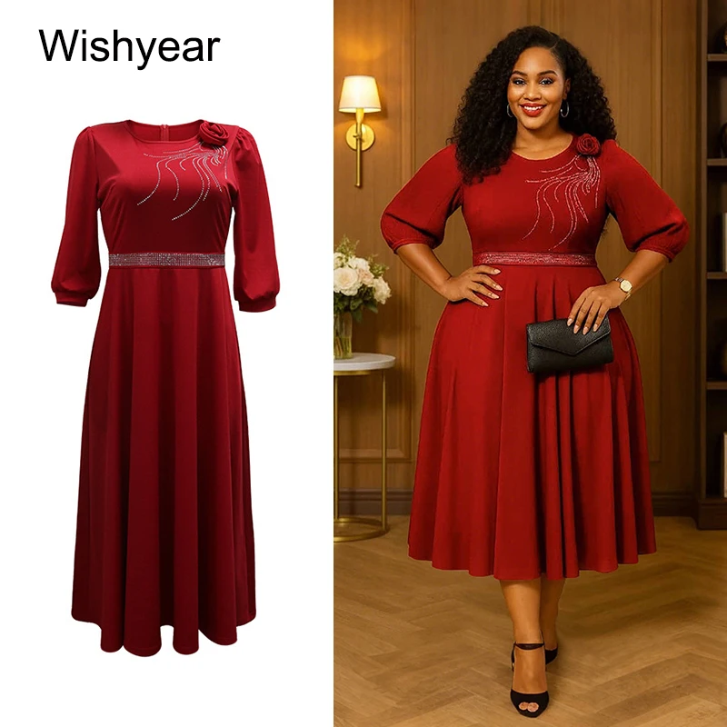 New Elegant Red 3/4 Sleeve O-neck A-line mid Dress for Women with 3D Flower African Rhinestones Office Lady Casual Autumn Robe