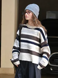 Spring and Autumn Women's Casual Striped Round Neck Long Sleeve Loose Sweater