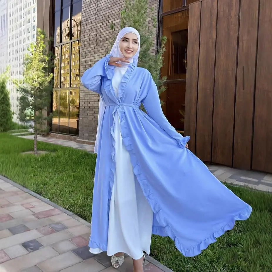 

Open Abaya Dubai Kaftan Women Muslim Kimono Cardigan Ruffle Dress Eid Kebaya Turkey Kebaya Caftan Marocain Femme Robe Jalabiya