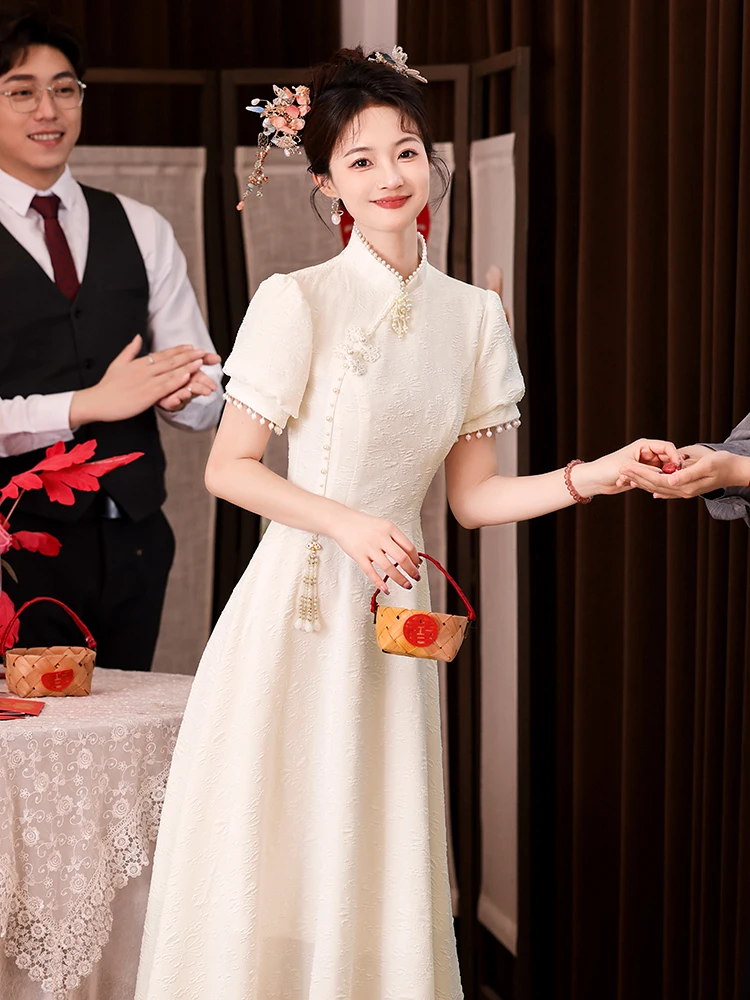 

White Qipao Wedding Dr for Women Engagement Registration Small Size Ele Vintage Sle Bubble Sve A-Line Skirt