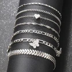 7Pcs Fashion Thick Chain Link Bracelets Set For Women Silver Color Butterfly Heart Metal Snake Chain Twist Bracelet Punk Jewelry