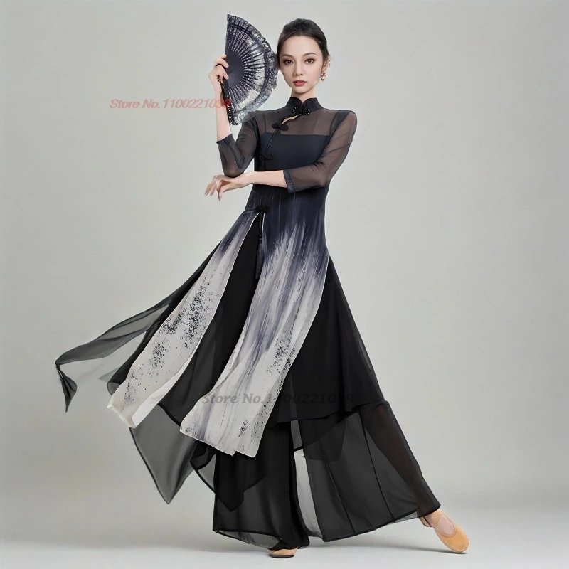 

2026 chinese vintage hanfu dance dress national ink painting mesh qipao tops+pants set festival folk dress stage performance