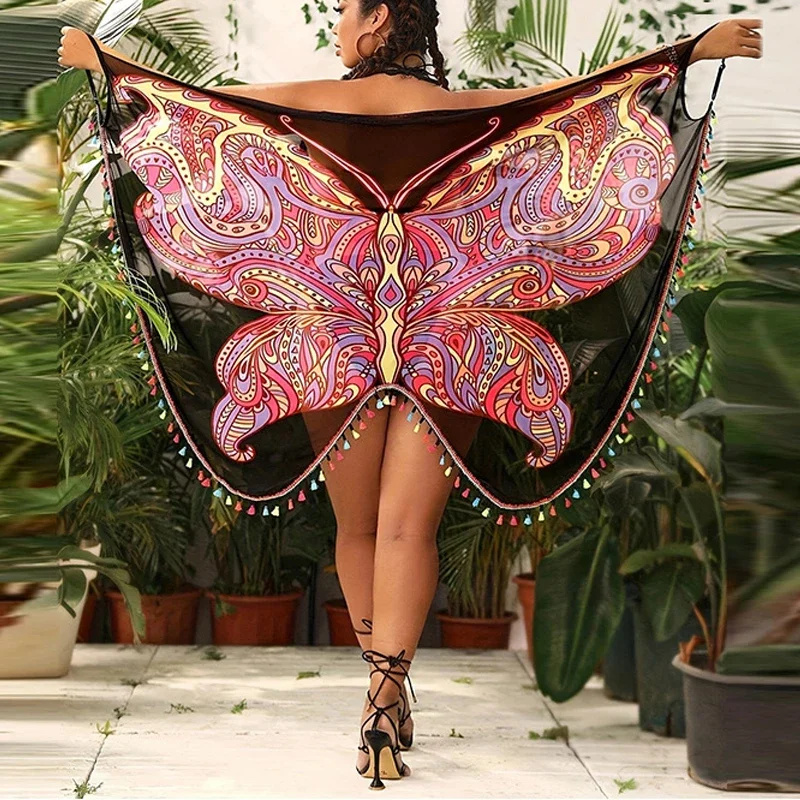 Vestido de playa para mujer, traje de baño con estampado de mariposa, falda envuelta, toalla de playa