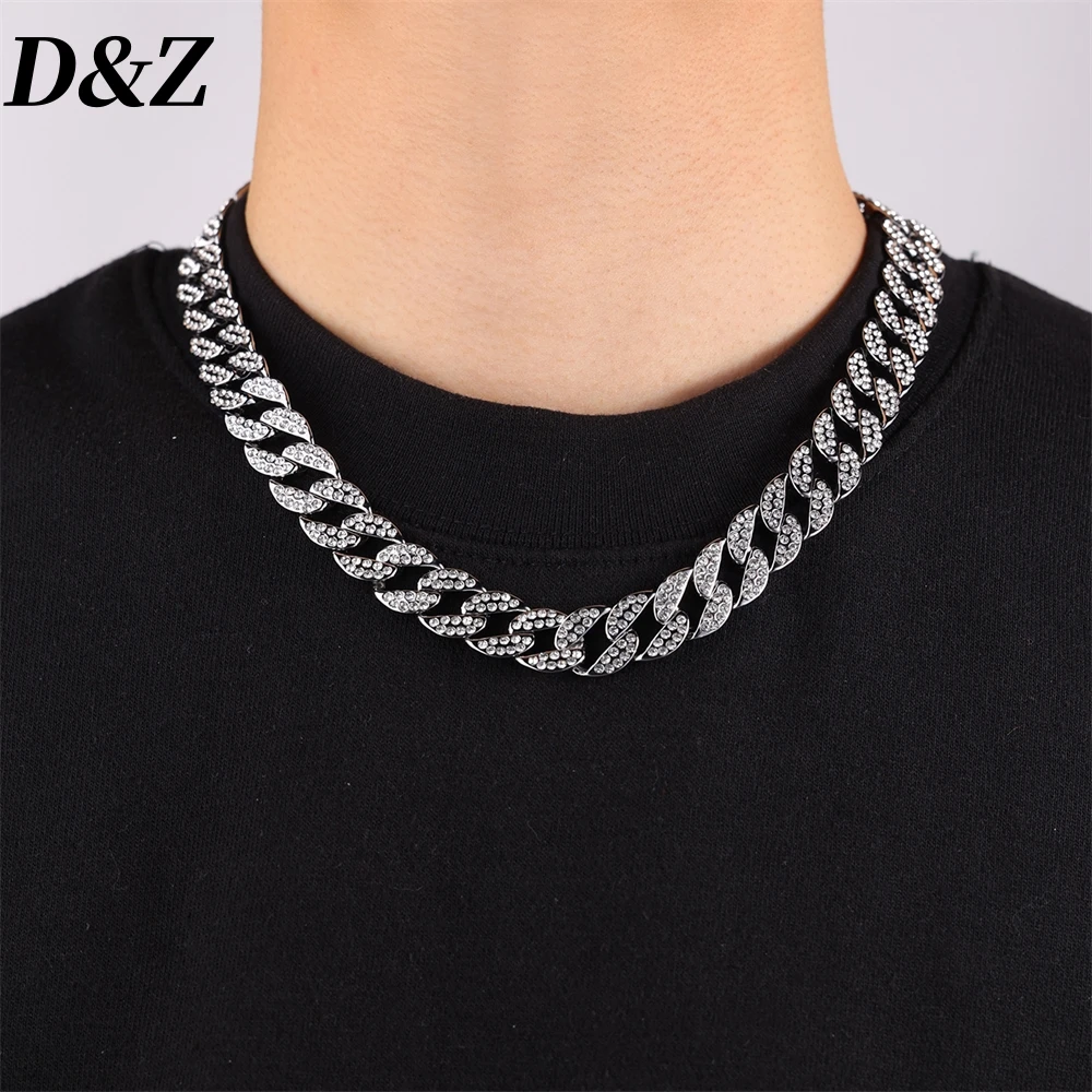 

D&Z Hip Hop Fashion 15MM Cuban Link Chain Necklace For Men Women 2 Rows Iced Out CZ Stones Heavy Charm Choker Jewelry