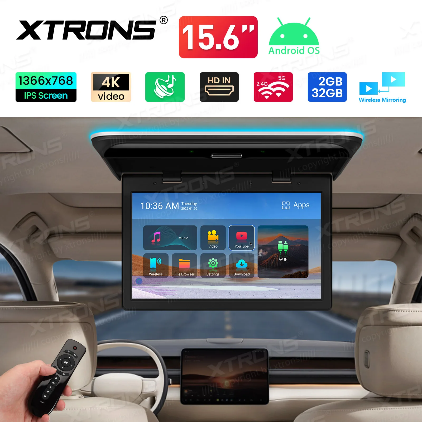 XTRONS 15,6 inch Android 12 Auto Multimedia Speler IPS Scherm Inklapbaar Auto Monitor Video HD Auto Dakmontage Quad Core 2GB+32GB