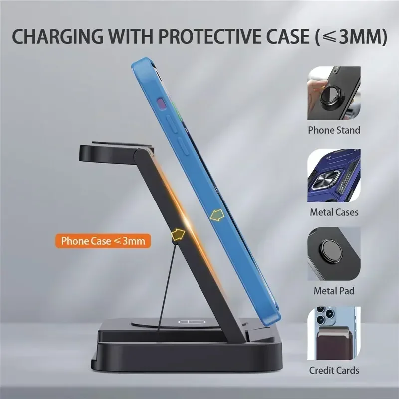 قاعدة شحن لاسلكية للسفر 4 في 1 قابلة للطي لهاتف iPhone 16 ~ 12 Pro Max iWatch 10 ~ 2 SE AirPods Pro أو لهاتف Samsung S25 S24