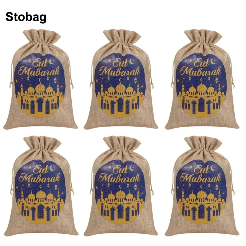 

StoBag 5pcs Ramadan Eid Mubarak Linen Drawstring Bags Small Bundle Pocket Kids Candy Gift Packaging Reusable Pouches Decoration