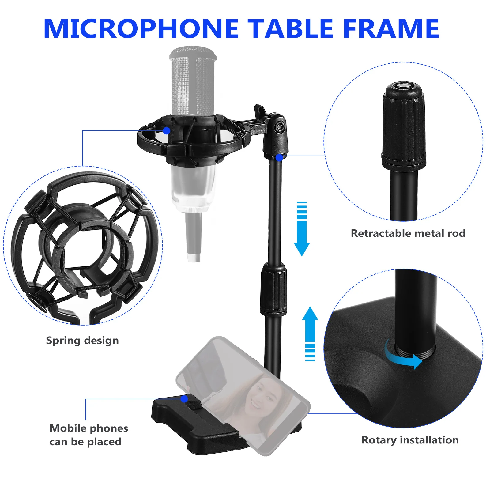 

Microphone Stand Table Top Mic Holder Shock Mount Spring Clip For Office Meeting Recording Gaming Desk Use