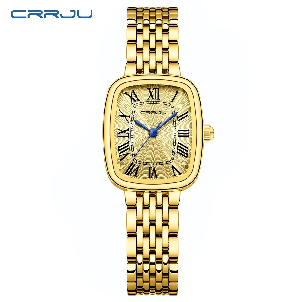 

CRRJU Золотые часы для женщин с винтажным прямоугольным корпусом, белым римским циферблатом, ремешком из нержавеющей стали, инструментом для регулировки в комплекте, водой