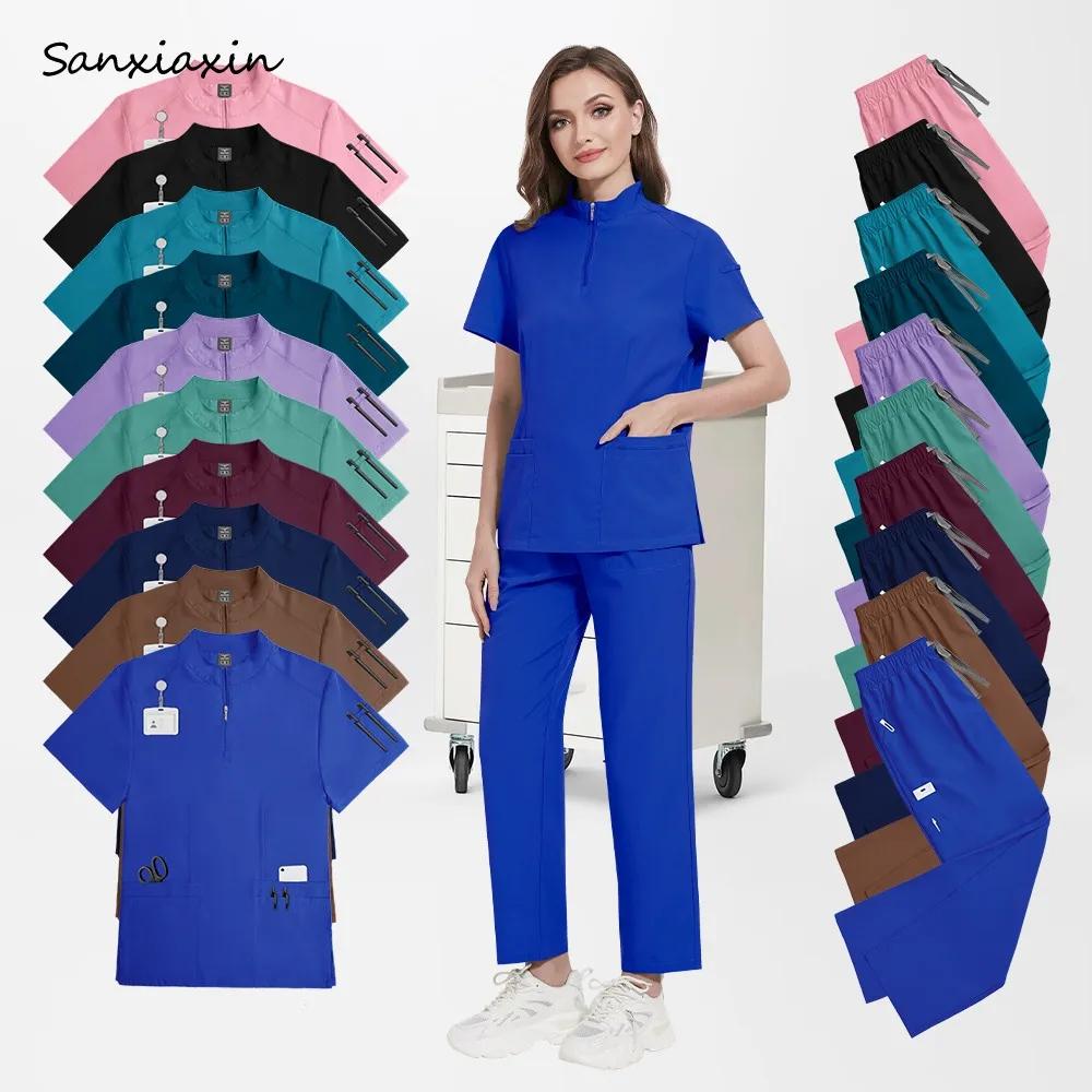 Multicolor Operating Room Nurse Uniform Dentistry Nursing Scrubs Tops Pants Pockets Beauty Work Clothes Medical Scrubs Set Women