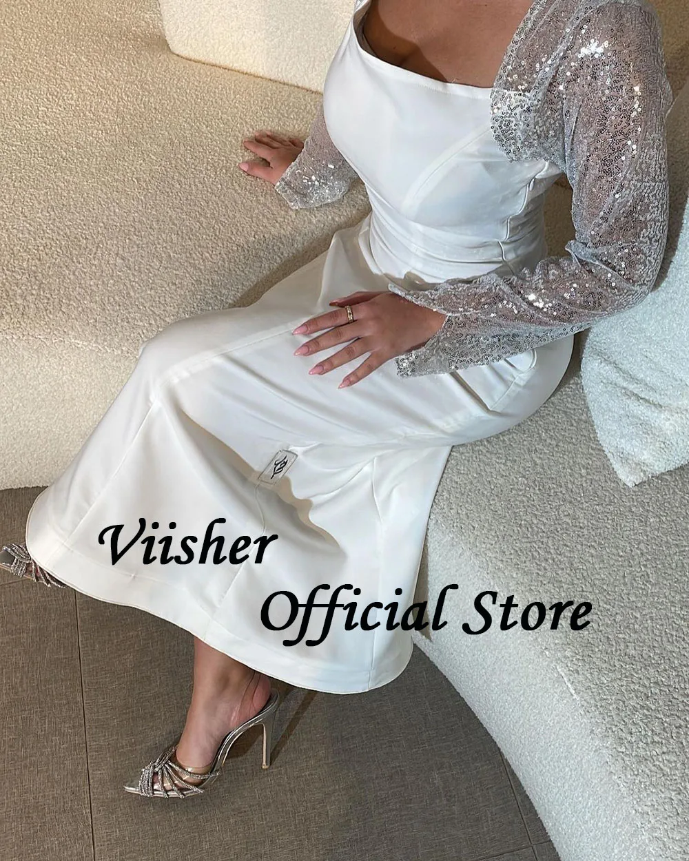 Viisher White Mermaid Evening Dresses Sequins Long Sleeve Tight Prom Dress Floor Length Dubai Arabic Formal Party Dress