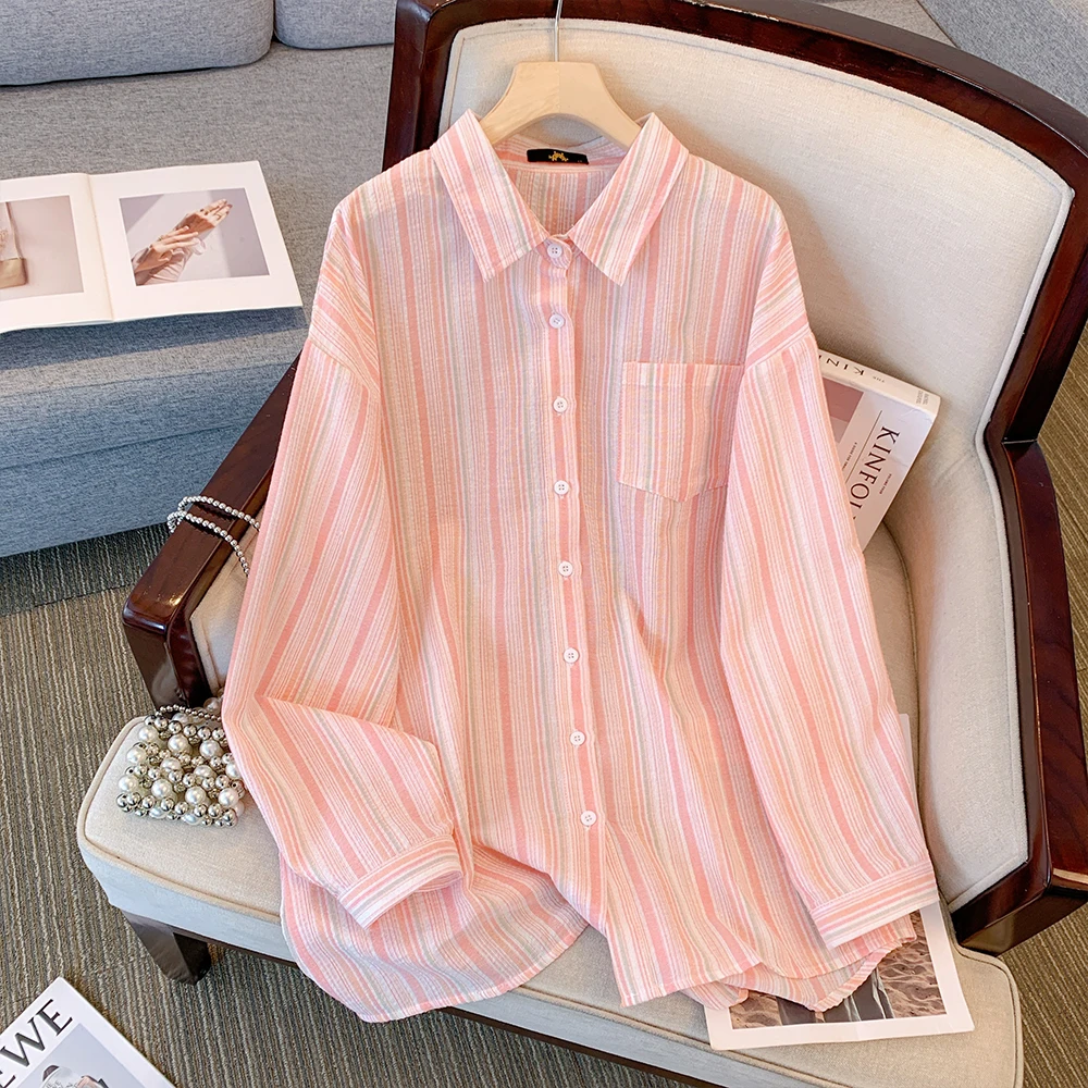 Plus-size women's Fall Casual commute loose comfortable chiffon shirt Pink blue striped button pocket long-sleeved top large