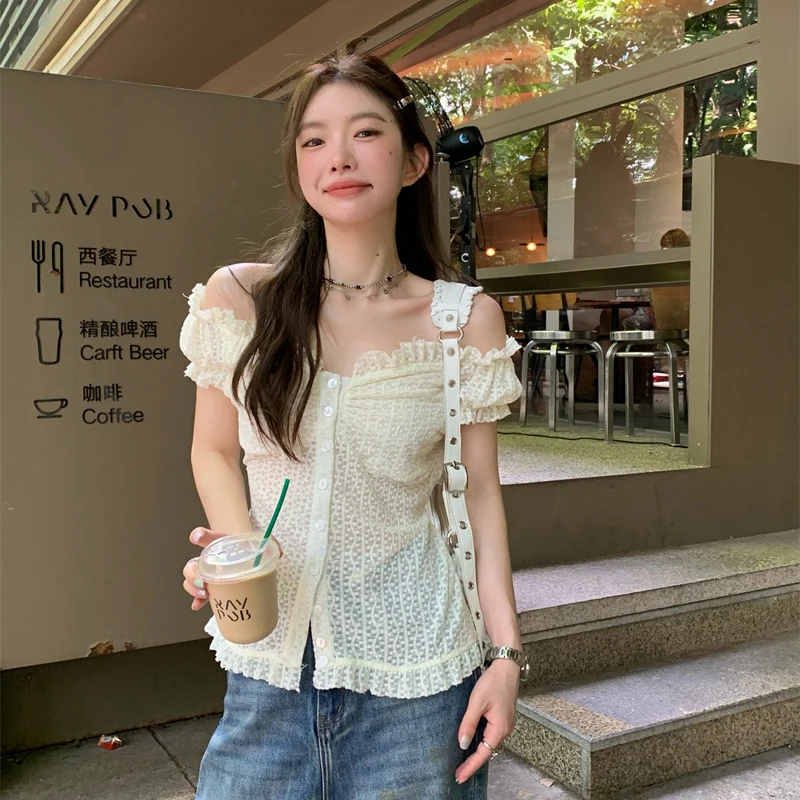 Y2K Sweet Women Shirts Korean Lace Off Shoulder Slim Female Casual Blouse Summer New Puff Sleeve Button Ladies Crop Tops