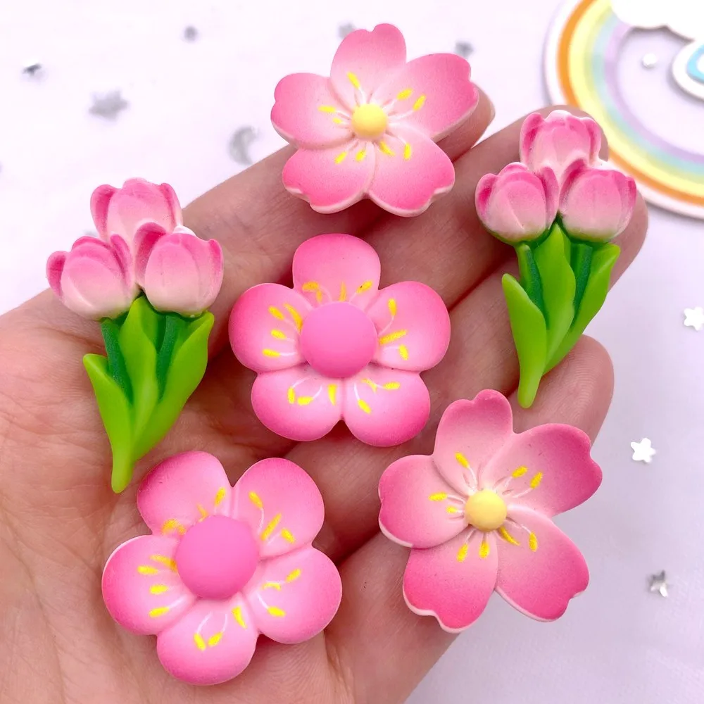 Resin Kawaii Colorful Painted Cherry Blossoms Lotus Flatback Stone Scrapbook Figurine 10PCS DIY Bow Decor Accessories Crafts OM4